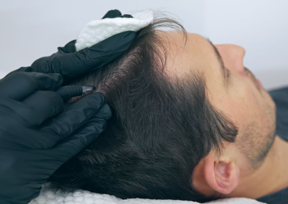 a man getting Nano Scalp Hair Strokes done by a professional cosmetic tattooist