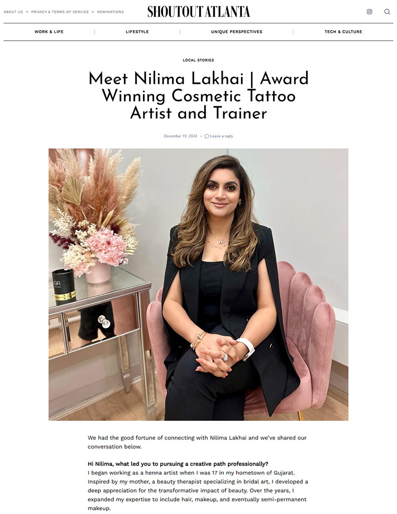 Screenshot of an article titled: Meet Nilima Lakhai | Award Winning Cosmetic Tattoo Artist and Trainer