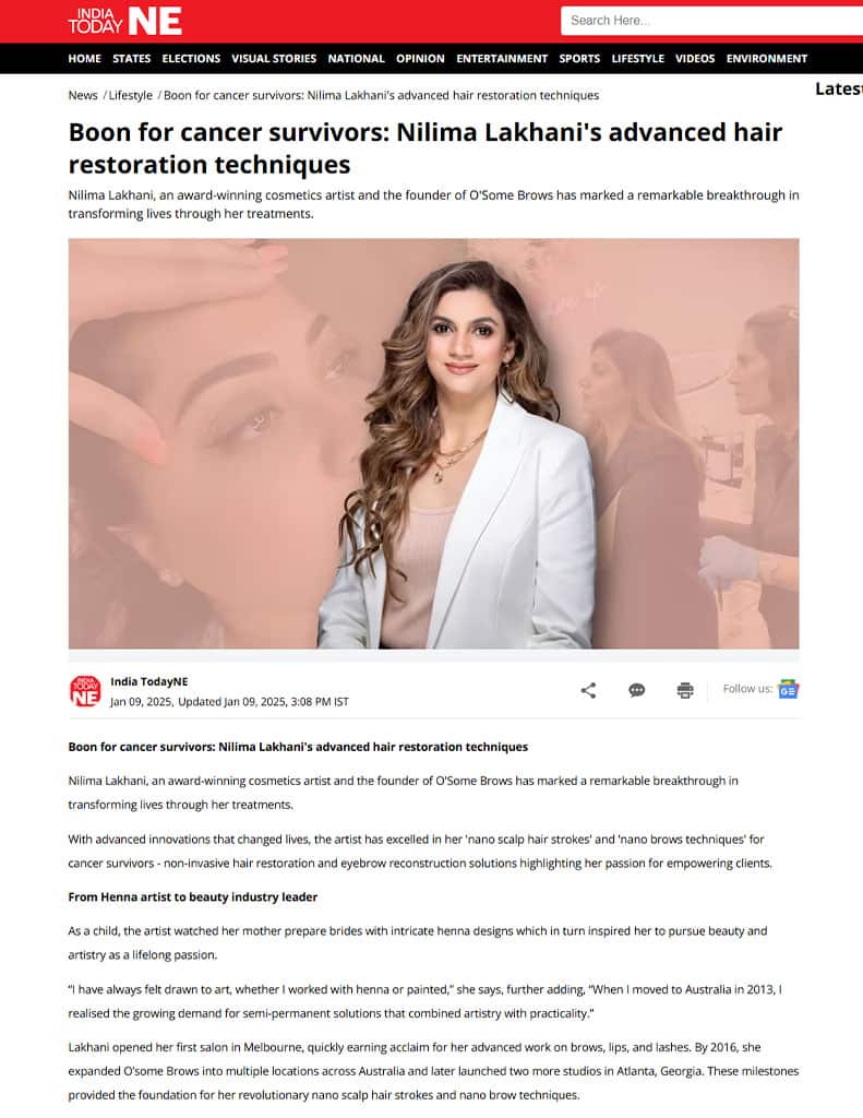 Screenshot of an article titled: Boon for cancer survivors: Nilima Lakhani's advanced hair restoration techniques