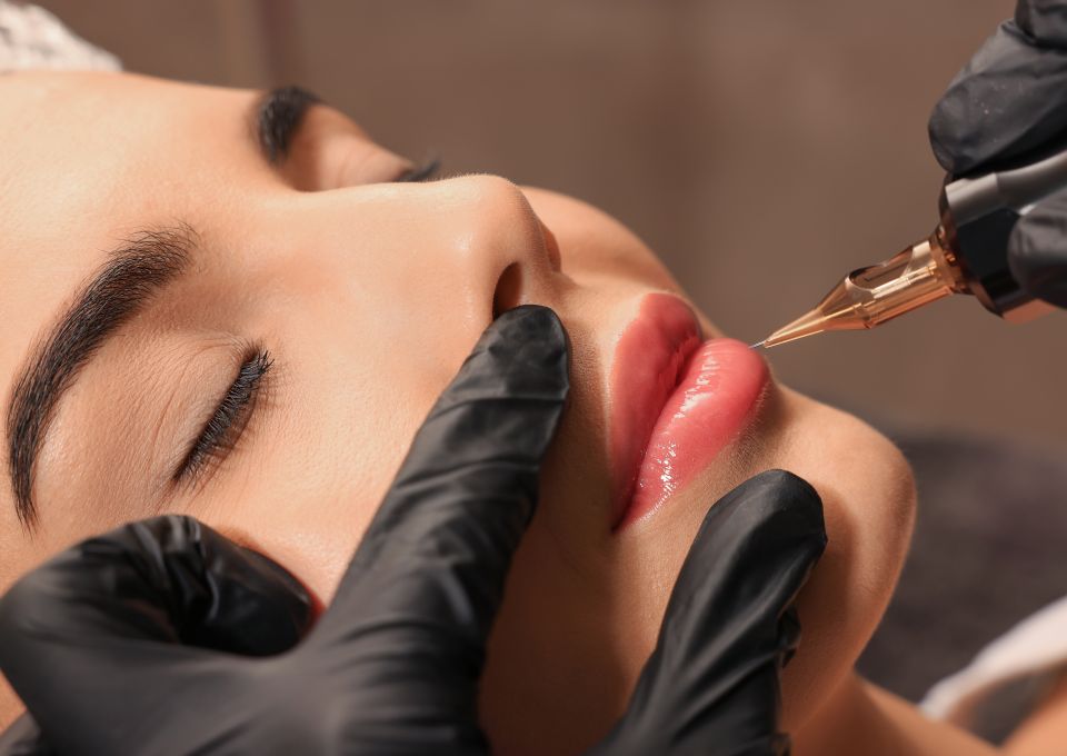 Woman undergoing cosmetic lip color correction