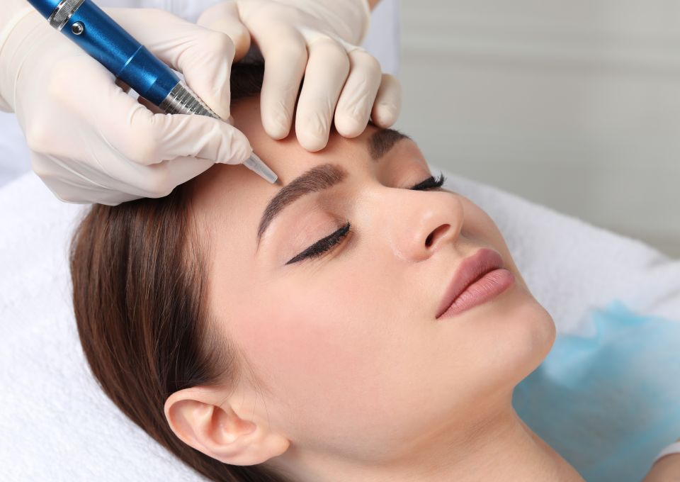 Woman during cosmetic eyebrow tattooing