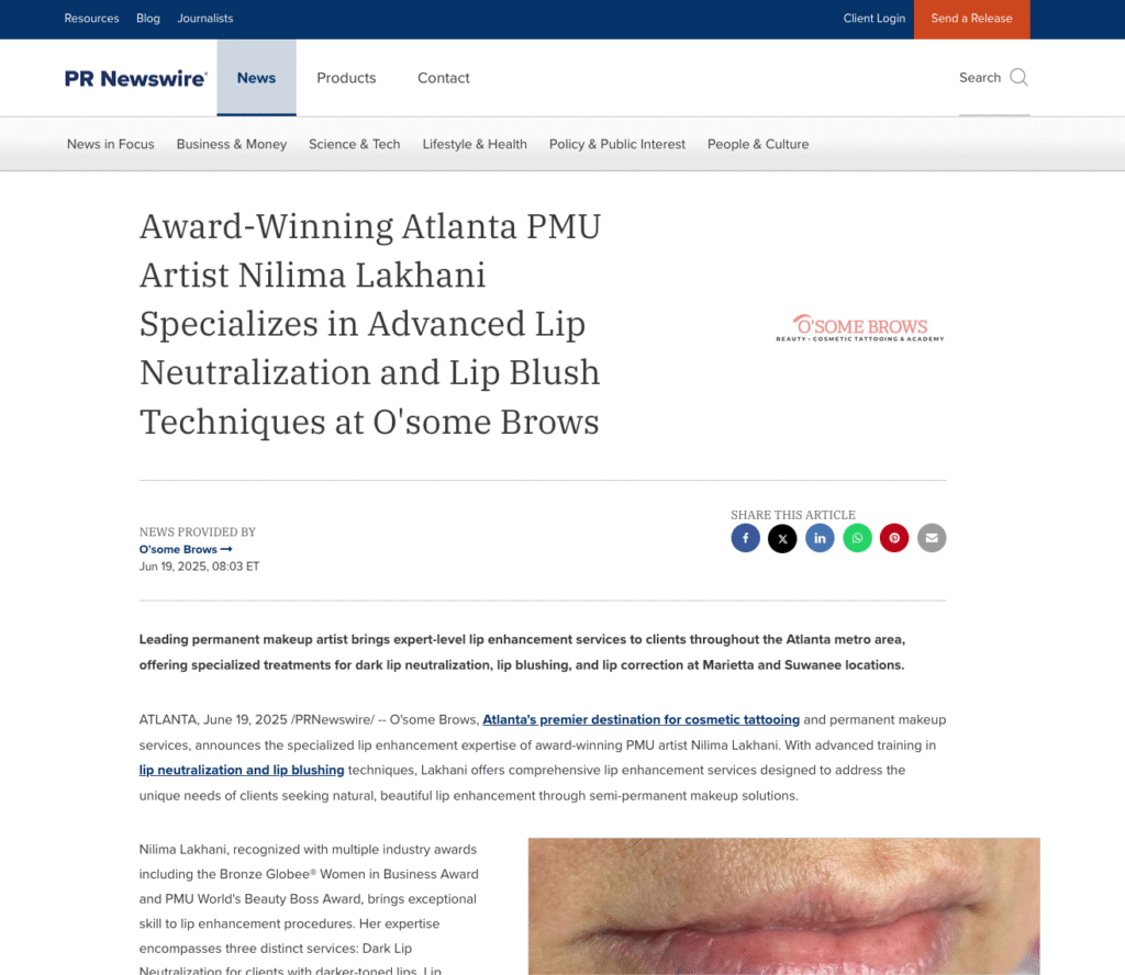 Award-Winning Atlanta PMU Artist Nilima Lakhani Specializes in Advanced Lip Neutralization and Lip Blush Techniques at O'some Brows